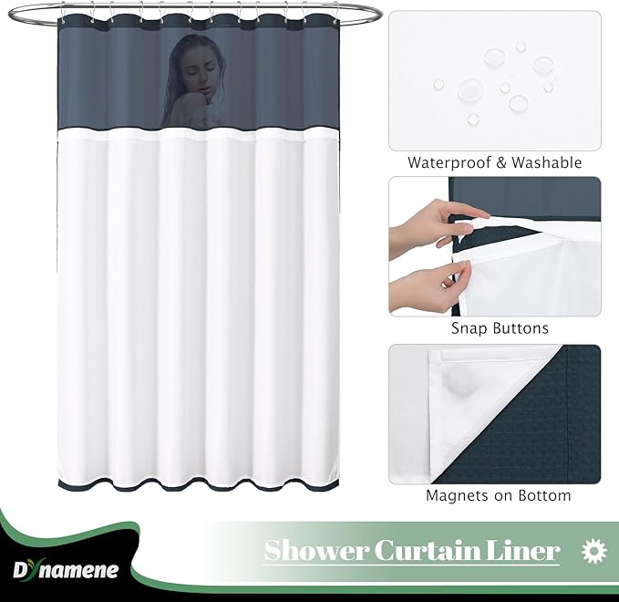 Dynamene 78 Inch Long Shower Curtain, Tall Waffle Fabric Shower Curtains for Bathroom, Hotel Waterproof Cloth Shower Curtain Liner Set with Hooks, Snap in Liner, Mesh Top Window, Navy Blue, 72x78