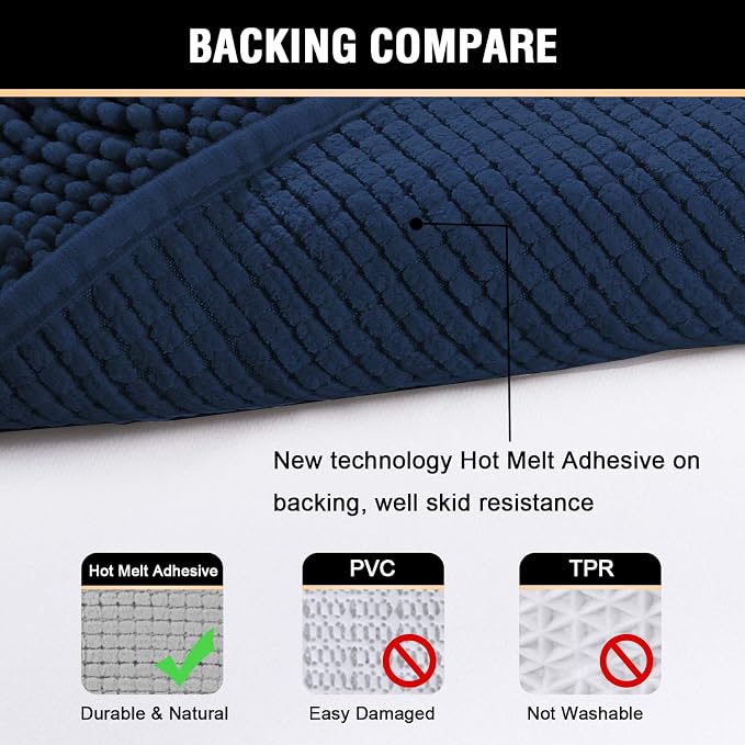 H.VERSAILTEX Navy Blue Bath Rug, Bath Mat Non Slip Bath Mats for Bathroom Floor, Bathroom Rug Extra Thick Chenille Rug 17" x 24" Absorbent Soft Shaggy Washable Dry Fast Plush Rugs for Bathtubs