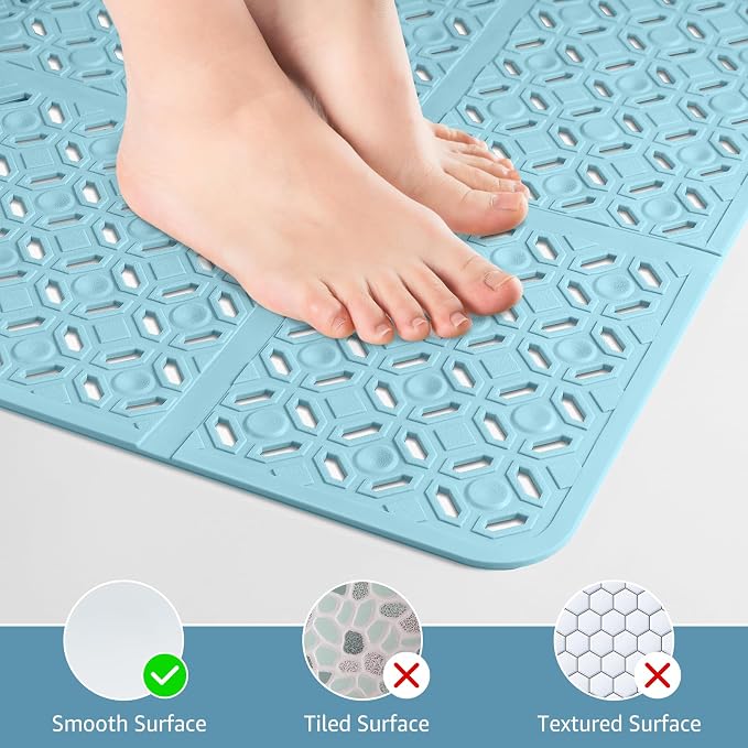 Yolife Square Shower Mat, 27" x 27" Shower Mat with Drain Hole in Middle, Soft TPE Extra Large Non Slip Shower Mats for Inside Shower, Anti Slip Washable Shower Floor Mat with Suction Cups, Blue