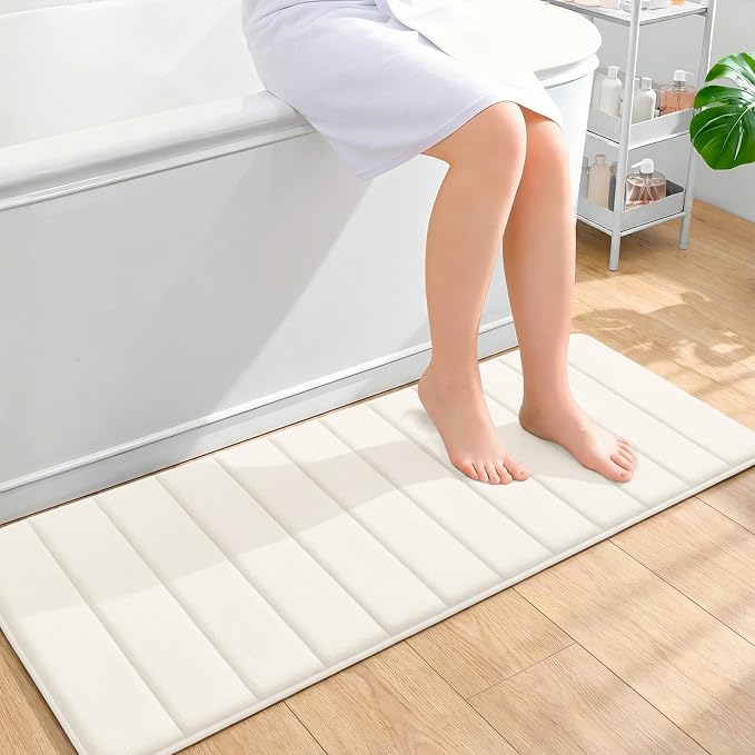 OLANLY Memory Foam Long Bathroom Rugs Runner 47x17, Super Soft Absorbent Bath Mat, Quick Dry, Machine Washable Shower Floor Rugs, Bathmat Carpet, Bathroom Home Decor Accessories, Ivory