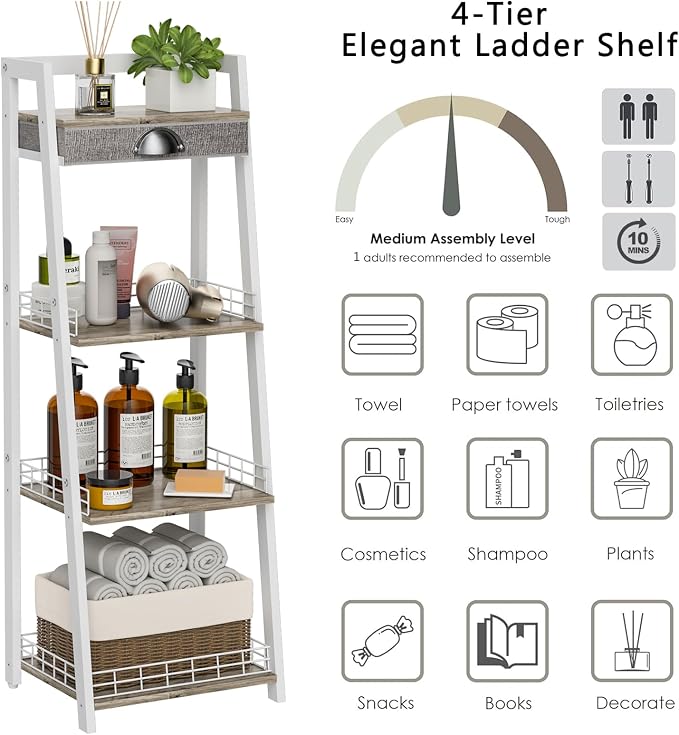 keomaisyto 4-Tier Elegant Ladder Shelf, Bathroom Storage Shelf, Ladder Bookshelf with Drawer, Freestanding Storage Shelves for Bathroom Living Room Study Office, White