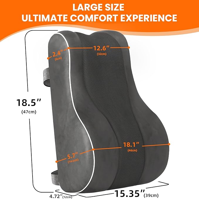 CloudBliss Ergonomic Lumbar Support Pillow Seat Cuhsion - Memory Foam for Lower Back Pain Relief, Adjustable Straps & Mesh Cover for Office, Gaming, Car Seat (XL, Grey)