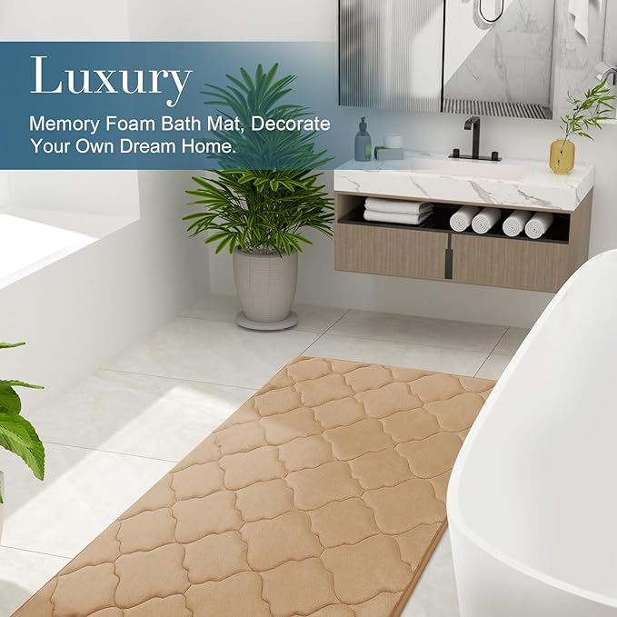 OLANLY Memory Foam Bath Mat Rug 40x32, Ultra Soft and Absorbent Bathroom Rugs, Non-Slip, Comfortable, Machine Washable Bath Carpet for Bathroom Floor, Tub Shower and Home Decor Accessories, Dark Beige