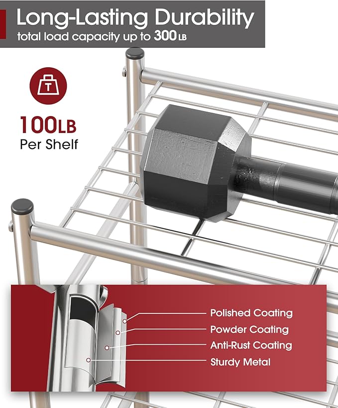 Sakugi Storage Shelves - 3 Tier Shelf Organizer, Sturdy Metal Shelving with Adjustable Leveling Feet, Space-Saving Shelves Organizer for Pantry, Laundry, Kitchen (18" x 12" x 30", Silver)
