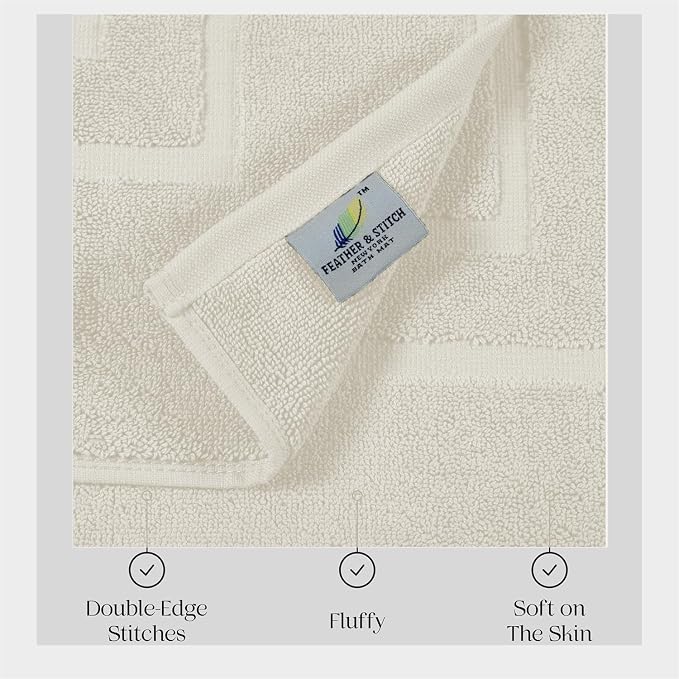 Feather & Stitch 2 Piece Towel Like Bath Mats (30x21 Inch) 100% Cotton Terry Bath Mat, Bathroom Shower Floor Mat [NOT A Bathroom Rug], Soft Absorbent Washable Mats - Ivory