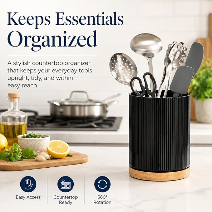 QUELIEN Utensil Holder, 360° Rotating Ceramic Kitchen Utensil Holder for Countertop, 7.7" Utensil Crock for Kitchen Counter with Rotatable Wooden Base,Ideal Housewarming Gift & Mothers Day Gift
