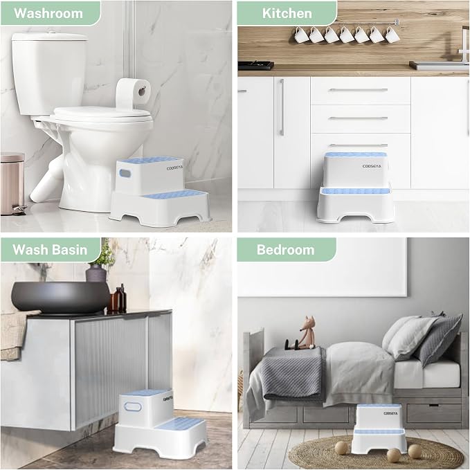 COOSEYA 2 Step Stools for Kids,Toddler Step Stool for Bathroom Sink,No-Slip Double up Stepping for Toddlers Bathroom, Multifunctional Toilet Potty Stool for Kids,Toilet Potty Training(2 Packs)（Blue）