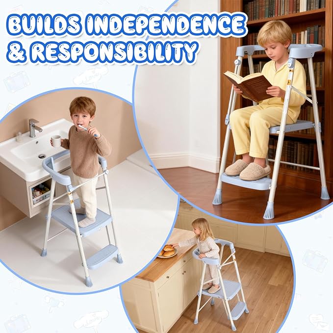 HBTower Kids 2 Steps Step Stool,Toddler Tower for Kitchen Counter Learning,Toddler Kitchen Stool Helper with Anti-Drop Safty Railing Kids Standing Folding Stepper(Blue)