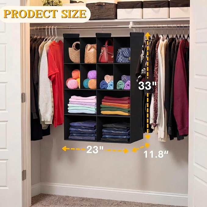 Ofiray-home 4 Tier Hanging Closet Organizer, 12 Compartments Sweater Organizer for Closet with 3 Sturdy Hooks, Closet Organizers and Storage, Wardrobe, Rv, Garment Rack, Black