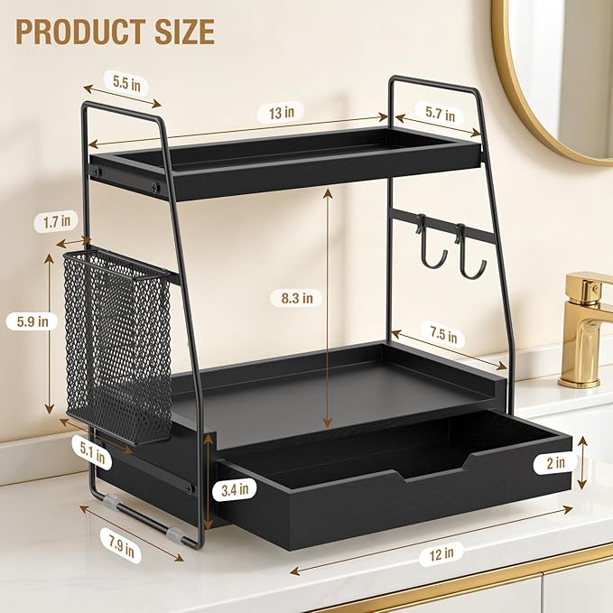 2-Tier Bathroom Counter Organizer with Drawer and Removable Basket, Wood Vanity Countertop Storage for Perfume, Makeup, Skincare, Bathroom Counter Shelf, 13" x 7.9" x 14.5", Black
