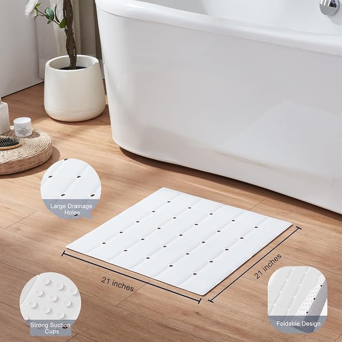 Webos Anti Slip Shower Mat for Tub & Shower Stall, 21" x 21" Square Silicone Bathtub Mat with Powerful Suction Cups, Fast-Draining, Machine Washable Soft Foldable Bathroom Mat, White