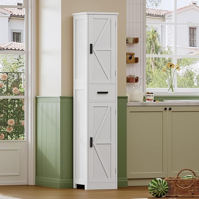 TEENFON 67 Tall Bathroom Cabinet with 6 Shelves & 1 Drawer, Narrow Storage Cabinet with Adjustable Shelves, Silm Cabinet for Living Room, Kitchen, White
