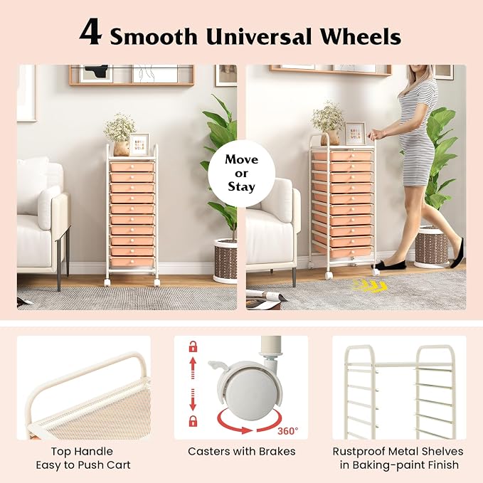 10-Drawer Rolling Storage Cart, Trolley w/Lockable 360° Wheels, 10 Removable PP Drawers, Sturdy Metal Frame, Rolling Utility Cart Perfect for Home, Office, Classroom (Peach Fuzz)