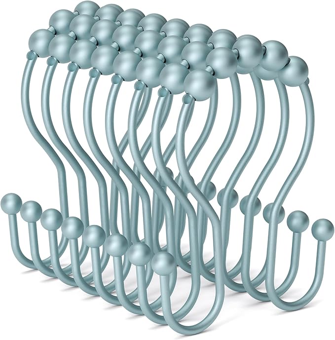 Bathway Shower Curtain Hooks, Shower Curtain Rings Rust Proof Double Hook Shower Curtain Hooks, 12 Pcs Shower Hooks for Shower Curtain, Shower Rings for Curtain, Metal Shower Rod Hooks Lightcyan