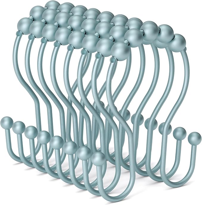Bathway Shower Curtain Hooks, Shower Curtain Rings Rust Proof Double Hook Shower Curtain Hooks, 12 Pcs Shower Hooks for Shower Curtain, Shower Rings for Curtain, Metal Shower Rod Hooks Lightcyan