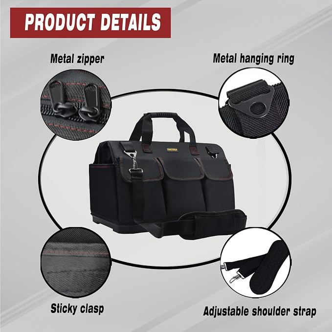 FASTECH 22-inch Heavy Duty Bottom Tools Bag With Wide Mouth For Tool Storage, Carrier and Organizer, Tool Bag For Men, Wide Mouth Tote Bag With Inside Pockets (22Inch)