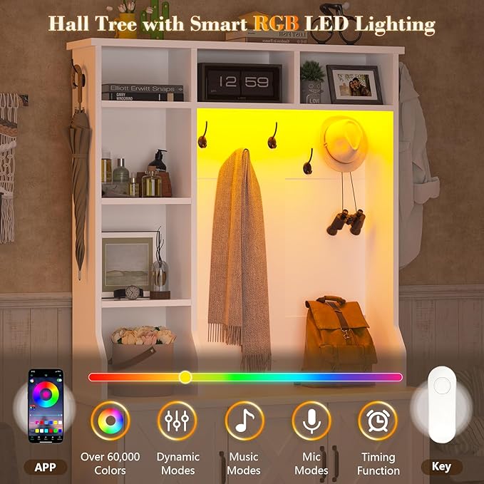 CSZZD White Hall Tree with Bench and Shoe Storage, Entryway Bench with Coat Racks and Led Lights, Farmhouse Tall Hall Tree with 7 Coat Hooks, 6 Storage Cubbies, Adjustable Shelf