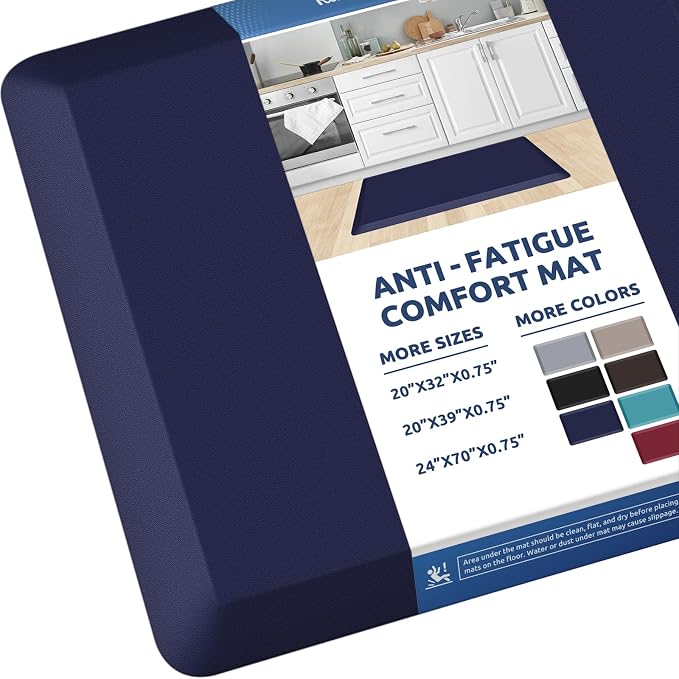 KitchenClouds Kitchen Mat Cushioned Anti Fatigue Rug 20"x32" Water Resistant, Non Slip, Standing and Comfort Desk/Floor Mats for House Sink Office (Blue)