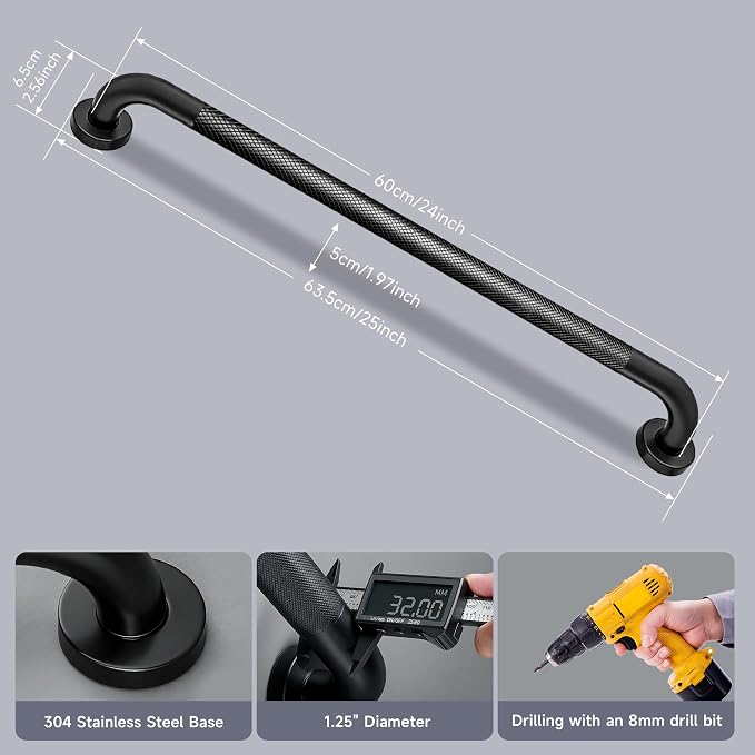 24 Inch Shower Grab Bar 1.25" Dia, 2 Pack Black Anti Slip Bathroom Grab Bar, 304 Stainless Steel Knurled Handicap Grab Bars, Safety Support Handrail,Bath Shower Handle for Elderly Injury Senior