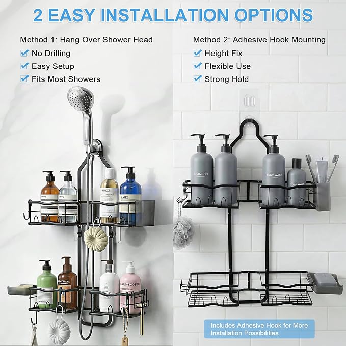 Shower Caddy Hanging Organizer, Rustproof Shower Organizer Hanging for Handheld Showerhead with Hooks for Razor/Sponge, Bathroom Caddy Rack Shower Shelves for Shampoo Soap Towels, Black