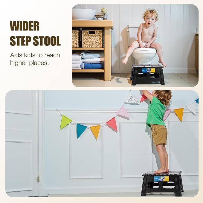 Korpai 9" Folding Step Stool for Adults and Kids 15-Inch Extra Wide Stool Holds Up to 300 lbs,Non-Slip Folding Stools with Handle,Compact Plastic Foldable Step Stool for Bathroom,Kitchen,ect, Black