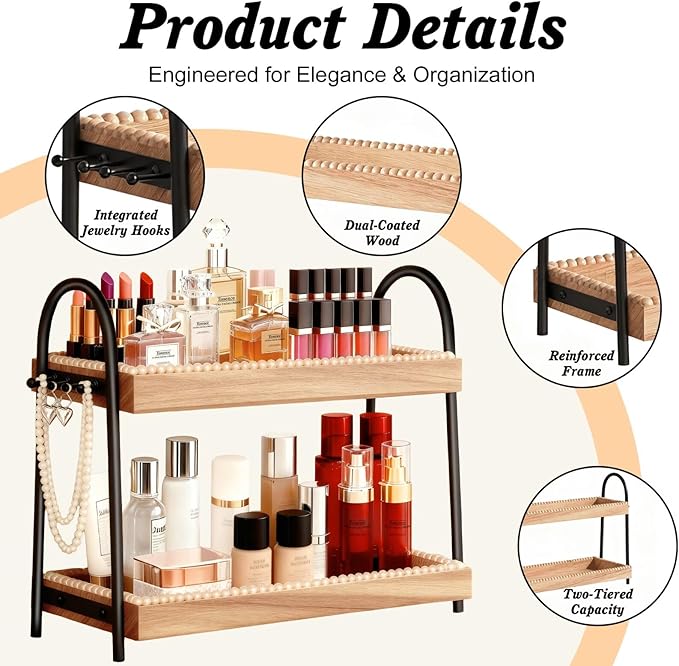 2-Tier Vanity Organizer Countertop for Perfume & Makeup, 17.3" Wooden Tray with 8 Jewelry Hooks for Dresser Bedroom, Elegant Skincare Storage Shelf for Women Coffee Bar Kitchen (Light Brown & Black)