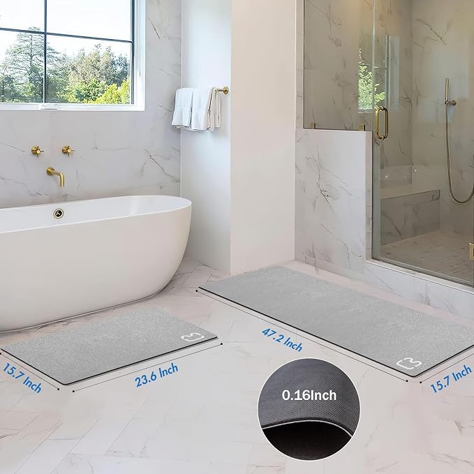 2 Piece Bathroom Mat Rugs Set - Quick Dry Absorbent Diatomaceous Earth Bath Mat Non-Slip Bathroom Floor Mat with Rubber Backing, Thin Bathroom Rugs Fit Under Door, 15.7x23.6+15.7x47.2 Inch, Grey