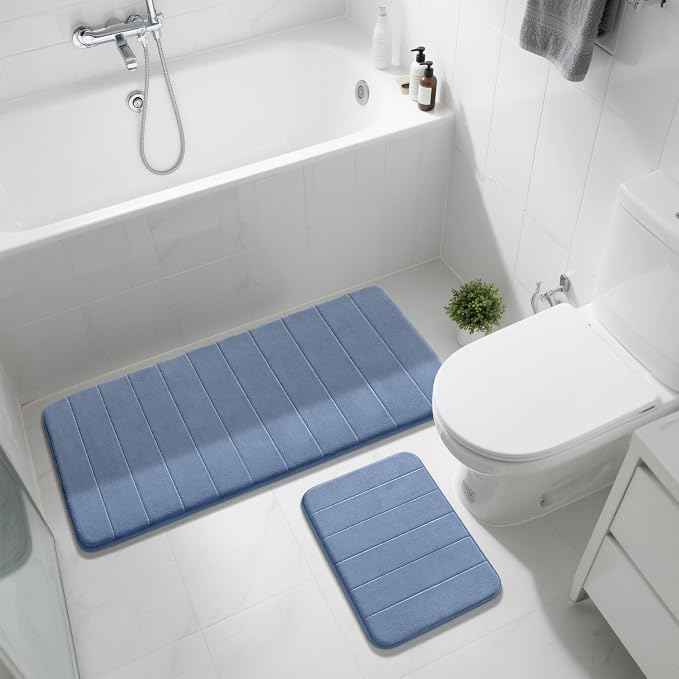 Yimobra Large Bath Mat Set 2 Piece- Super Soft Absorbent Quick Dry Memory Foam Bathroom Rugs, Machine Washable Non Slip Floor Carpet for Tub Shower & Double Vanity (17x24 & 44x24, Denim Blue)
