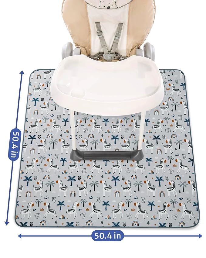 Blissful Diary Baby Splat Mat for Under High Chair, 50.4 x 50.4 Inch Wipeable Splash Mat, Waterproof and Washable, Anti-Slip Floor Protector, Gray Zebra