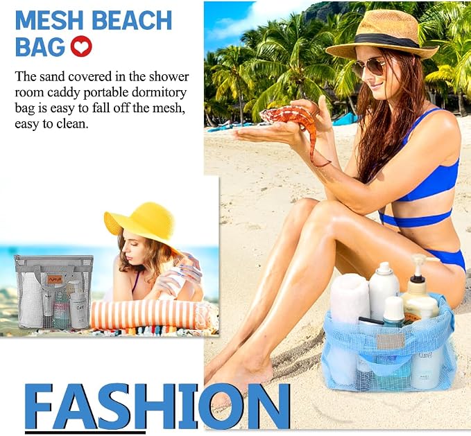 Portable Mesh Shower Caddy Tote, Quick Dry Tote Bag Mesh Beach Bags for Women, Hanging Toiletry and Bath Organizer for Travel Swimming Sports Gym Camp Shopping College Dorms (2pcs,sky Blue-Gray)