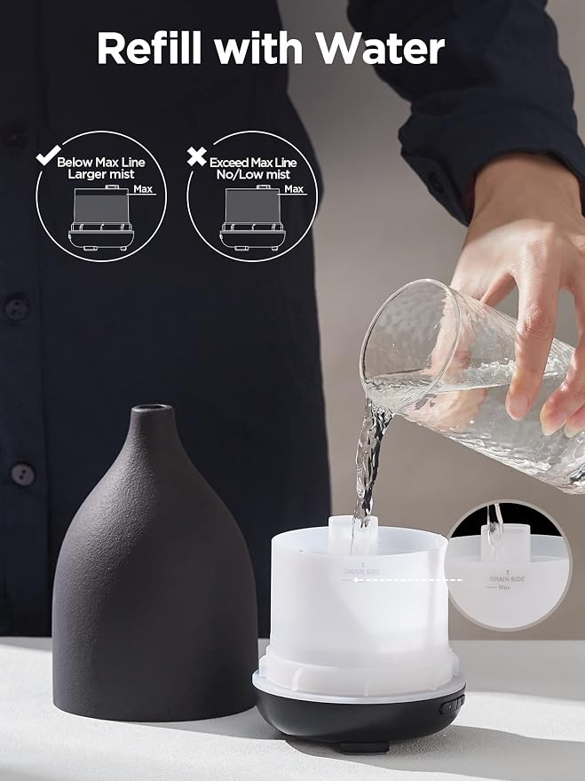 InnoGear Oil Diffuser, 150ML Ceramic Diffuser for Essential Oils Handcrafted Aromatherapy Diffuser Mother's Gift Ultrasonic Cool Mist Humidifier with 2 Mist Modes Waterless Auto Off for Home, Black