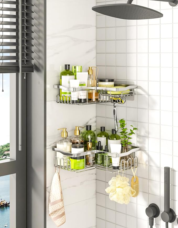 HapiRm Corner Shower Caddy Organizer - Shower Organizer Corner with Shampoo Holder and 11 Hooks, Rustproof Bathroom Shelf for 90° Right Angle - Silver