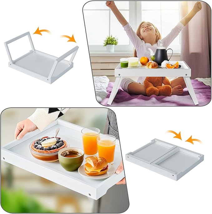 Bamboo Bed Tray Table with Folding Leg, Breakfast in Bed Tray for Eating,Kitchen Serving, Food, Sofa, Snacking or Working, Laptop Desk Dinner(1, White)