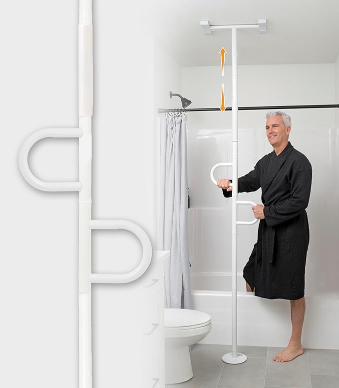 Stander Double Handle Non-Rotating Floor to Ceiling Grab Bar, No-Drill Tension Mounted Transfer Pole for Seniors, Bath Safety & Bedside Assist Rail for Home Standing Support & Fall Prevention, White