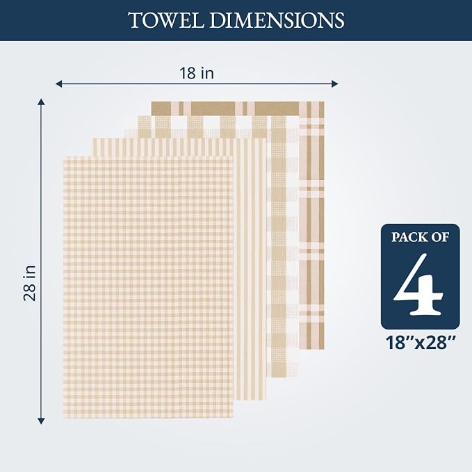 LANE LINEN Cotton Kitchen Towels Set, 4-Pack – Absorbent, Quick-Drying, Premium Dish Towels, Tea Towels, 18" x 28" - Beige