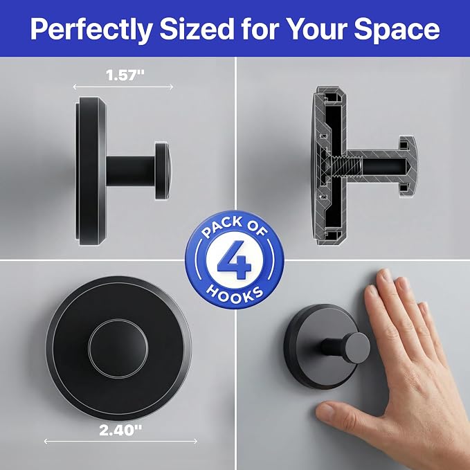 HOME SO Suction Cup Hooks for Shower & Bathroom Towel Holder 4-Pack – Suction Cups Hooks for Hanging Towels, Robes, & Coats - Tiles, Glass Door or Mirror – Shower Hooks & Towel Hooks Organizer - Black