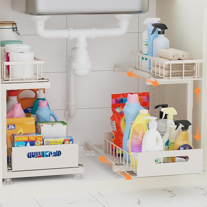 Under Sink Organizer, Heavy Duty Metal Pull Out Cabinet Organizer Slide Out Sink Shelf Organizer Height Adjustable, Multi-Purpose Storage Shelf for Kitchen Bathroom(Sand,2Pack)
