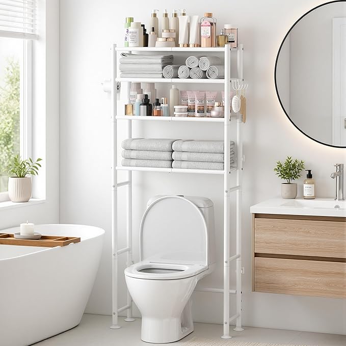 GloTika 4-Tier Over The Toilet Storage, 200lb Total Capacity Metal Bathroom Organizer with 36" Clearance, Includes Paper Holder & 4 Hooks, Space Saving Rack for Bathroom Laundry Room (64" H, White)