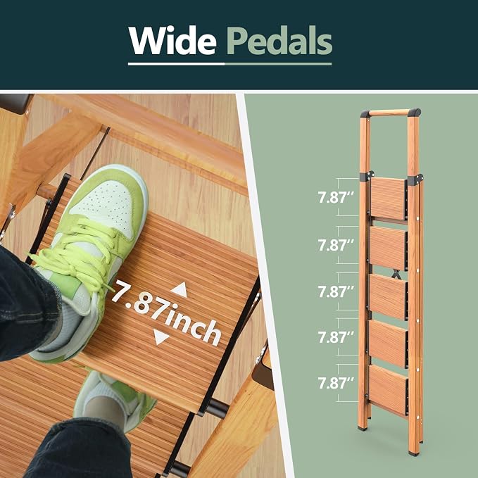 WOA WOA 5 Step Ladder, Ladders for Home, Anti-Slip Pedals, Aluminum Step Stool Foldable, Lightweight to Move, Ease of Storage, Reach 10ft for Closet Kitchen Library, Hold 300lbs - Wood Grain