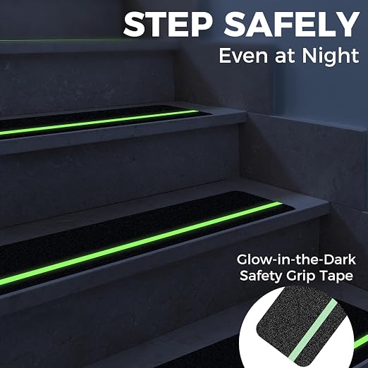 10 Pack 4” x 30” Anti Slip Traction Treads with Glow in The Dark Stripe, Outdoor Waterproof Non Skid Pre-Cut Tape with Roller, High Traction Friction Abrasive Adhesive for Stairs Step
