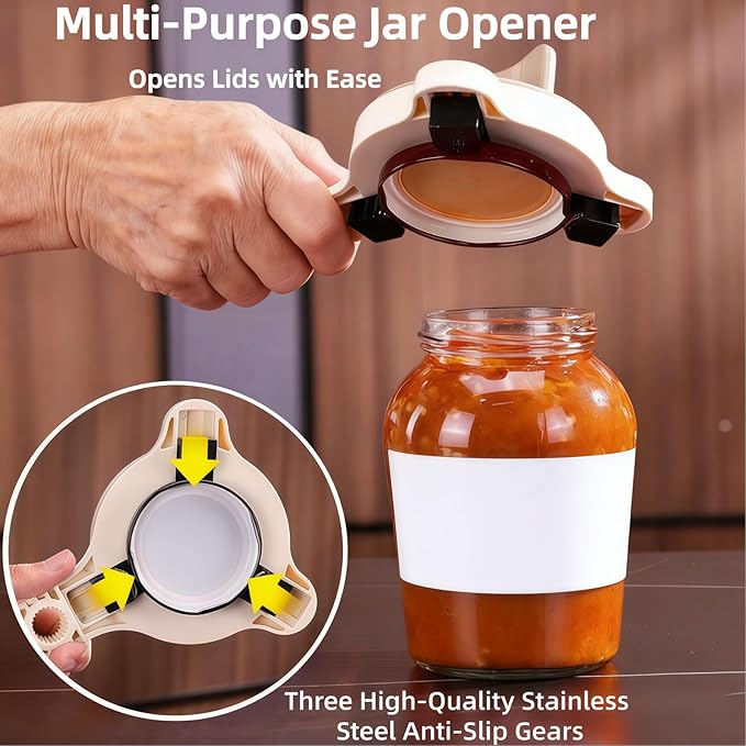 4-in-1 Multifunctional Can Opener & Jar Opener for Seniors - Non-Slip Bottle Opener with Adjustable Stainless Steel Lid Remover, Effortless Opening for Weak Hands, Compact Design for Kitchen (Black)