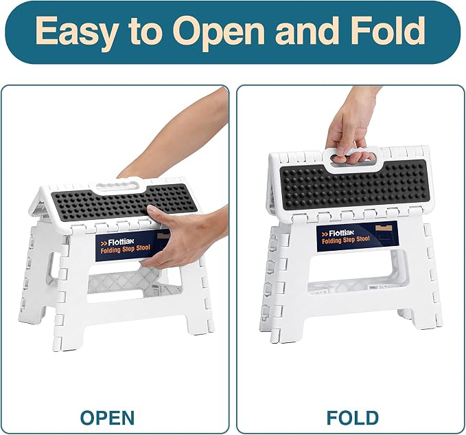 Flottian 9" Folding Step Stool for Adults and Kids Holds Up to 300 lbs,Non-Slip Folding Stools with Portable Handle, Compact Plastic Foldable Step Stool for Bathroom,Bedroom, Kitchen White