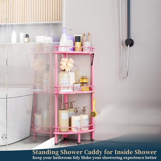 Consumest Corner Shower Caddy Stand - 3 Tier Shower Organizer with Soap Holder, Tall Floor Corner Shelf Standing with Adjustable Feet & 4 Hooks, Storage Rack for Bathroom Pink