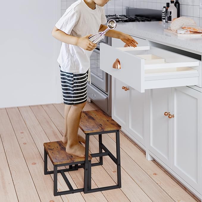 Step Stool for Adults, Hold up to 500Lb, 3 in1 Heavy Duty Sturdy Wooden 2 Step Stool for Kichen/Bathroom/High beds, Metal Frame, Non-Slip Pads
