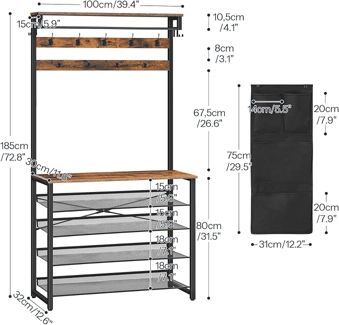 HOOBRO Hall Tree with Bench, Entryway Coat Rack with Shoe Rack, 39.4" Shoe and Coat Rack, 5 Tier Shoe Storage Organizer with Oxford Fabric Side Pockets, Adjustable Mesh Shelves, Rustic Brown BF76MT01