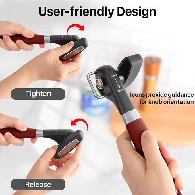 Beneno Can Opener, Manual Side Safe Cut Can Opener Smooth Edge with Durable Sharp Blade, Effort-Saving Knob & Comfortable Non-slip Handle, Red