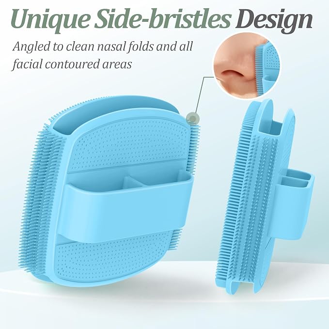 Silicone Back & Face Scrubber & Bath Glove Set 3PCS, 13.4'' Gentle Back Scrubber with Dual-Side Head, 360° Anti-Slip Bath Glove, Unique Side-bristled Face Scrubber for All-Round Cleaning(Blue)