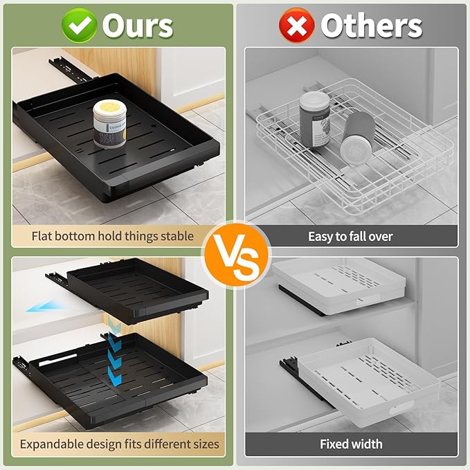 2 Pack Pull Out Cabinet Organizers Expandable (11.6''-17.5''), Plastic Slide Out Drawers for Kitchen, Bathroom, Pantry, Under Sink Storage, Pull Out Drawers Fixed with Adhesive Nano Film (Black)