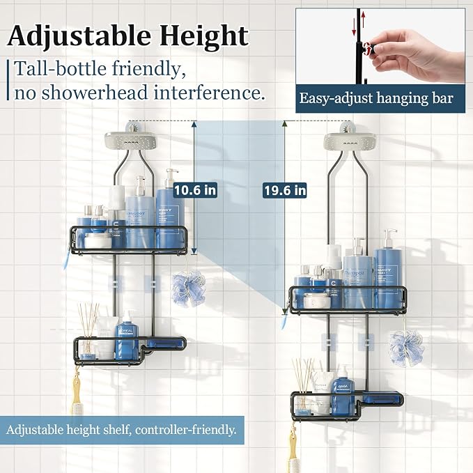 Skyapex Hanging Shower Caddy Bathroom Organizer - Over The Shower Head Adjustable Rack for Tall Showerheads, Extra Large Storage Shelf with Soap Holder for Big Shampoo Bottles