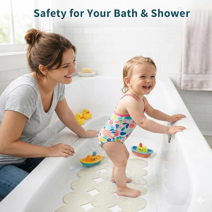 Webos Bathtub Mat Non Slip: Extra Long Rubber Bath Mat for Tub with Strong Suction Cups 15.4" x 37.8" Anti Slip Shower Mat, Big Drain Holes Bathroom Mats for Tub & Shower, Circle-Beige